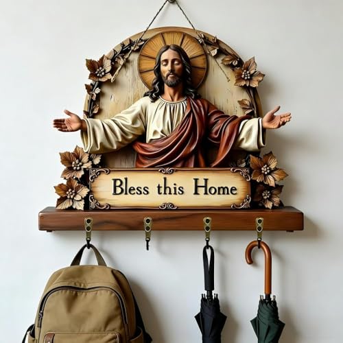 Bless This Home Wood Key Holder Wall Mount 2D Flat May God Bless Key Hooks - image 5