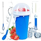 Ekezon Slush Becher, Slushy Maker Silikon Squeeze Cup Slush Eis Becher zum kneten DIY Slushie Maker Becher Smoothie Becher Sommer-Slush Cup mit 2 in 1 Strohhalmlöffel für Leckeres Slush (Blau)