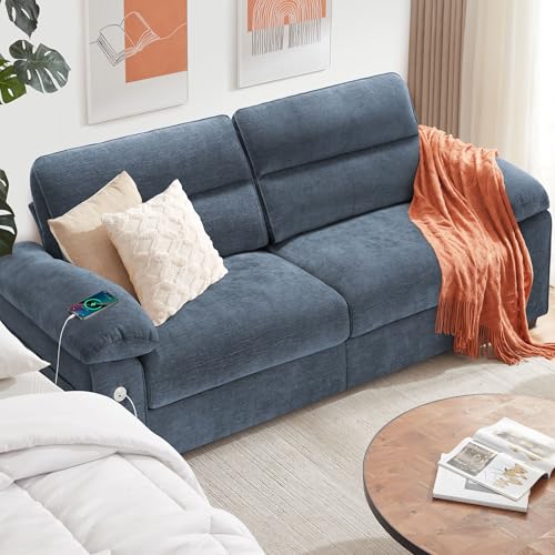 Image of Ihanherry 90.5 inch Modern Sofa 2-Seater Couch for Living Room, Chenille Pillow-Armrest with Extra Large Seat Width, USB /Type-C Charging Port & Side Pocket, Removable Medium Firm Cushion(Blue)