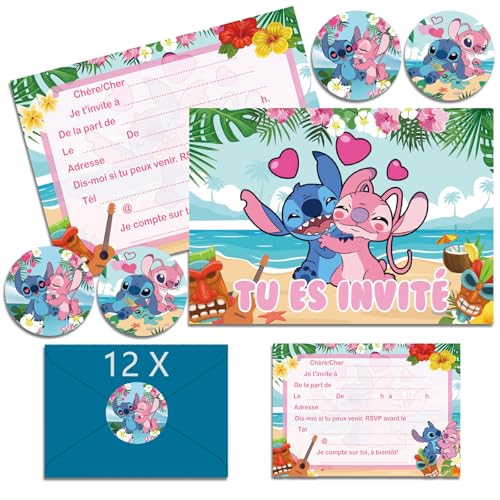 Randomgo 12x Stich Invitation Anniversaire Garcon en Français avec Enveloppes, Stich Carte Invitation Anniversaire à Thème, Cartes d'Invitation de Fête pour Anniversaire (A6)