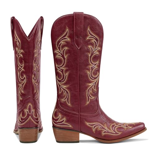 Ouepiano Cowboy Boots for Women Cowgirl Mid Calf Western Embroidered Chunky heels Pointed Toe Pull On Vintage Fashion Country Boot3