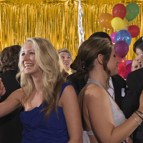 Image of 4 Pack Gold Fringe Curtain Backdrop Tinsel Streamers Birthday Party Decorations Christmas Photo Booth Backdrop Halloween New Year Graduation Baby Shower Theme Party Decorations