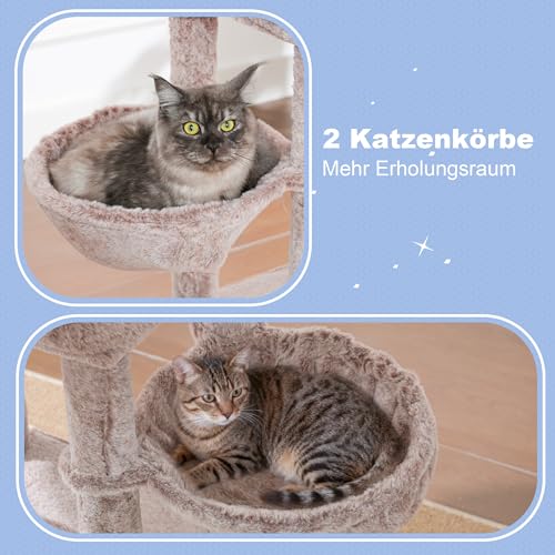 Hey-brother Drapak dla dużych kotów i kotów Maine-Coon, wielopoziomowy, stabilny drapak dla kota z 2 dużymi platformami, 2 koszami dla kotów, duża jaskinia, maszyna do czesania, jasnobrązowy MPJ070MU