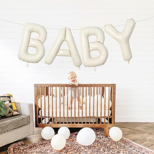 Image of 40 Inch Beige BABY Balloon for Baby Shower, Large Cream White Baby Foil Balloons Letters with Ribbon, Neutral Ivory Alphabet Baby Mylar Balloon Banner Sign for Gender Reveal Backdrop Party Decorations