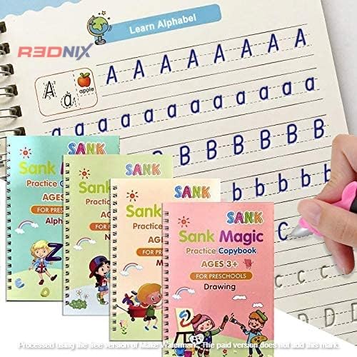 NTZ Sank Magic Practice Copybook E BOOK (4 Books,10 Refill), Number Tracing Book for Preschoolers with Pen, Magic Calligraphy Copybook Set Practical Reusable Writing Tool Simple Hand