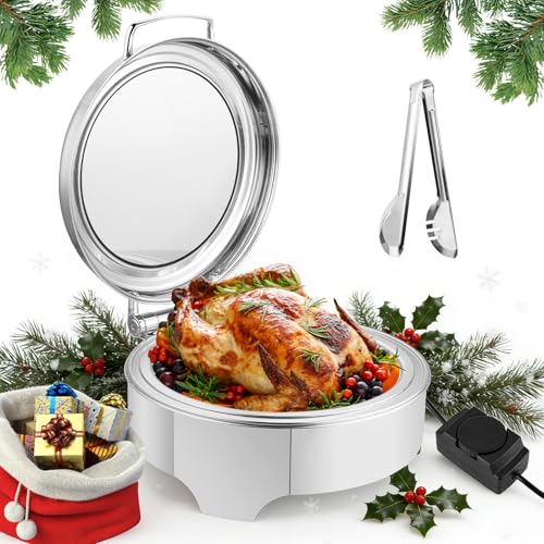 YUCHENGTECH Electric Round Chafing Dish Buffet Set 6.43 Quart Stainless Steel Chafing Dishes and Food Warmers with Temperature Adjustable Glass Lid for Catering Wedding Party Restaurant Entertaining