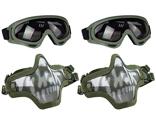 Aoutacc Airsoft Mesh Mask and Goggles Set, Half Face Full Steel Mesh Mask and Goggles for CS Hunting Paintball Shooting (2 Pack OD Skull)