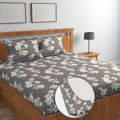 Image of Blue Strip Polycotton Fitted Bedsheet, King 72x78 (White Flower) | 300 TC | All-Round Elastic Grip | Soft, Breathable & Colourfast | Wrinkle Resistant | Machine Washable