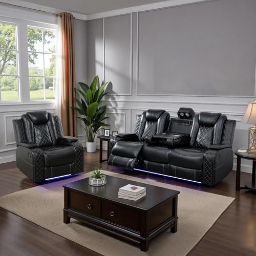 JBXBER Power Recliner Sofa Sets for Living Room, Leather Recliner Sofa Set with LED Light, Console Storage, Cup Holder for Home Theater Seating(Sofa and Chair,Black)