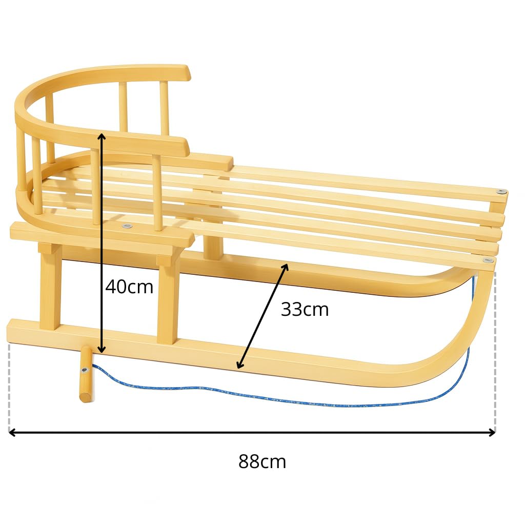Holzschlitten Kinderschlitten Rodelschlitten aus Buchenholz mit Rückenlehne Winterfußsack 90cm Zugleine