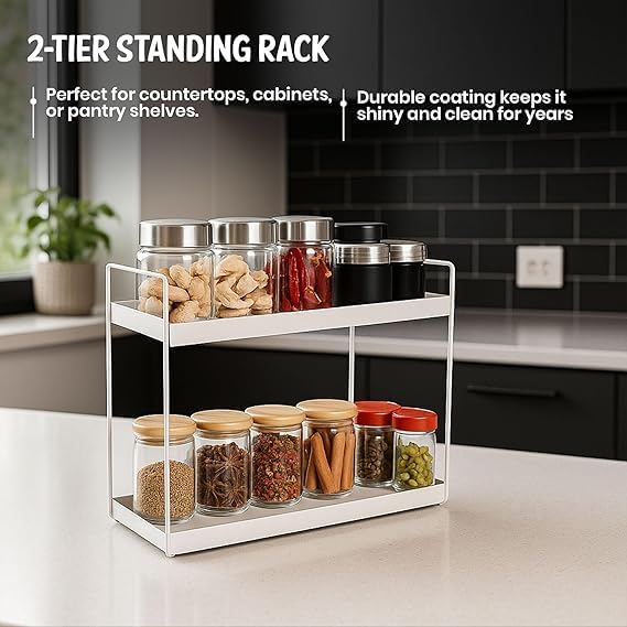 Image of Niyara Iron Metal Heavy Duty Stand 2-Tier multistorage /Multipurpose Standing Rack, Bathroom Countertop Storage Shelf Cosmetic Organizer Holder Kitchen Spice Rack, (Square White)