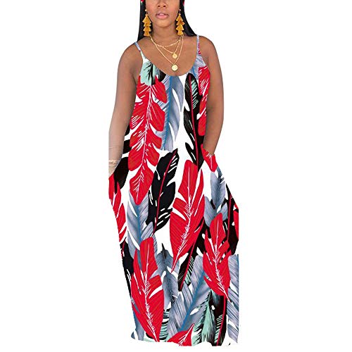 Image of WOOSEN Womens Spaghetti Strap Maxi Dress Plus Size Suspender Striped Summer Sundress Sleeveless with Pockets, Without Scarf-red, Medium