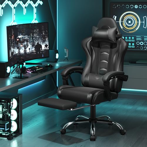 Sedia Gaming Ergonomica Massaggiante Reclinabile con Poggiapiedi Poggiatesta e Supporto Lombare Braccioli Imbottiti in Finta Pelle, Poltrona Gamer da Scrivania con Ruote Girevole Nero - Sedia gaming - Immagine 1
