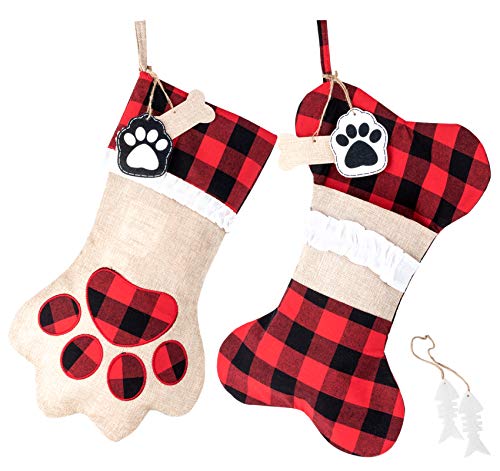 ABSOFINE Pet Christmas Stockings Dog Cat Paw 18" Puppy Stockings Hanging Christmas Decorations, Plaid Burlap Large Xmas Stockings, Set of 2 - Image 9