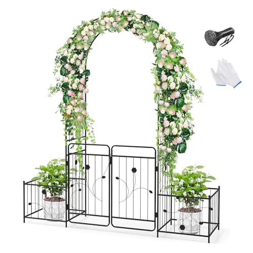 Rosenbogen Mit Tür, Gartenbogen Metall, Torbogen Mit 2 Pflanzgefäßen, 201 X 50 X 218cm Rankbogen Für Kletterpflanzen Gartenbogen Klein Torbogen Für Garten Holz