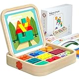 288 PCS Wooden Magnetic Pattern Blocks Set – Montessori Tangram Puzzle with Pattern Cards & Storage Bag | Preschool Montessori Brain Teaser, STEM Gift for 3-8 Years Old Toddler Kids