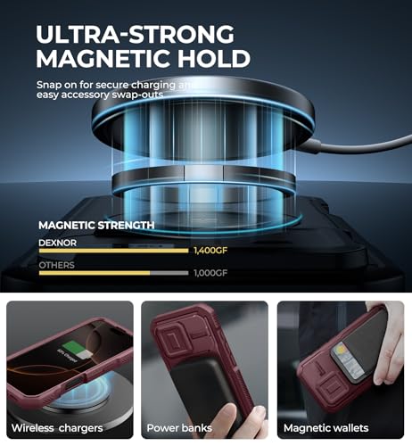 Image of Dexnor for iPhone 16 Pro Case with Slide Camera Cover & Adjustable Kickstand & Built-in Screen Protector,Compatible Wireless Charging Shockproof Cases Heavy-Duty Magnetic Protective Cover,Maroon Red