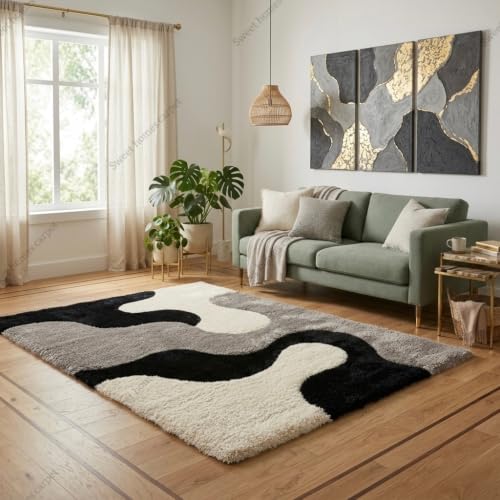 Image of SWEET HOMES Carpets for Bedroom, Handwoven Shaggy Abstract Area Rug | Ultra Soft Shag, 8 x 10 Feet (244 x 305 cm), Black Silver