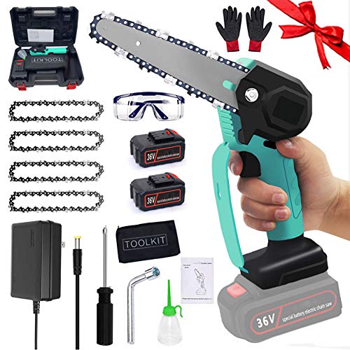 Mini motosierra de mano de 36V Sierra de cadena portátil eléctrica inalámbrica de 6 pulgadas Mano 0.85kg Ligero Tijeras de podar motosierra para poda de árboles de jardín corte de madera,green