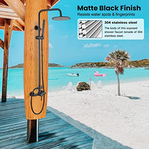 Midanya Matte Black Outdoor Shower Fixture Set Sus 304 Stainless Steel 8 Inch Rainfall Shower Head With 2 In 1 Cylinder Handheld Spray Wall Mount Adjustable Slide Bar One Handle Shower Faucet #TOP1