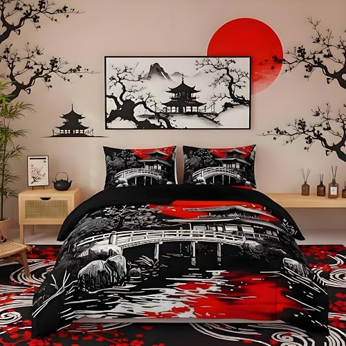 Homemissing Japonais Ukiyoe Housse de Couette 220x240cm pour Les Enfants Garçons Filles Adultes Style Japonais Parure de Lit Coucher de Soleil Rouge Ensemble...