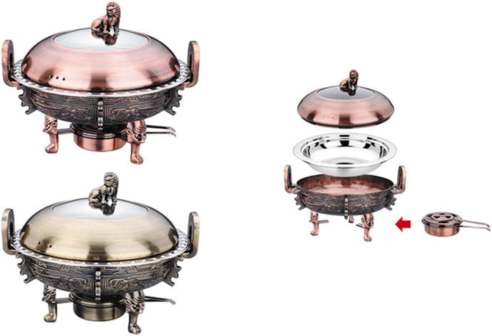 3L Hot Pot, Stainless Steel Round Warmer Complete Set with Food Plate, Aluminum Stand, Visible Lid and Oil Rack for Weddings, Buffets, Parties, Bronze (Bronze) (Red Copper)