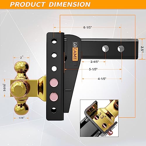LOCAME Adjustable Trailer Hitch with Hook, Tri-Ball (1-7/8", 2", 2-5/16"), Fits 2.5-Inch Receiver, 6 Inch Drop/Rise Cushion Drop Hitch,16500 LBS GTW-Tow Hitch for Heavy Duty Truck, Solid Ball Mount - Thumbnail 5