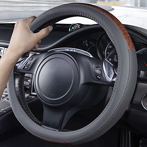 Car Pass Wood Grain Microfiber Leather Steering Wheel Cover, Universal Fit For 14 1/2-15 Inch Gray Steering Wheel, Anti-Skip Veins Design,Trucks, Suvs,Vans, Sedans (Gray) #TOP4
