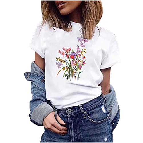 Camiseta Manga Corta Mujer Verano 2023 Moda Impresión Floral Basic Camisa Blusa Cuello Redondo Camiseta Elegant Suelto Tops Casual Fiesta Cómodo T-Shirt Original tee Playa