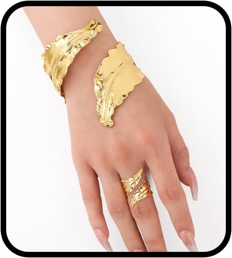 Cuff Bracelet Ring Set for Women, Abstract Leaf Statement Jewelry Set