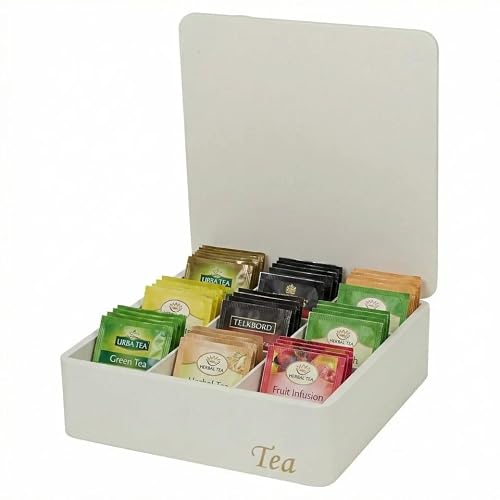 URBNLIVING Wooden Tea Box Organizer – Compartment Tea Storage with Lid, Pink & Cream, Kitchen Countertop Organizer (CREAM, 9)