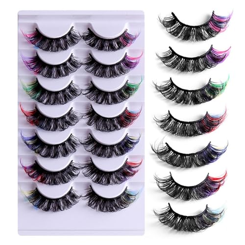 Lot de 7 paires de faux cils colorés 5D avec couleur, faux cils de vison pour Noël, cosplay, costumes, cils artificiels