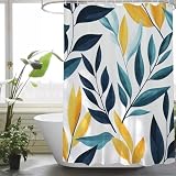 Cortina de Ducha 180x220 Cortinas de Baño Poliester Lavable, Dobladillo Ponderado, con Ojales y 12 Ganchos, fácil de cuidar, para Baño Familiar y Hotel, Patrón de Amarillo Azul, y424l