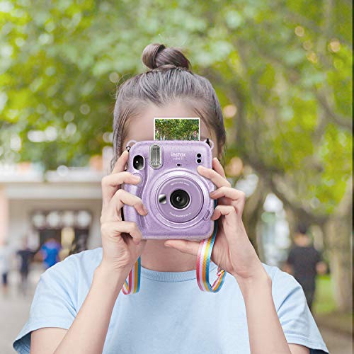 Fintie Protective Clear Case For Fujifilm Instax Mini 11 Instant Film Camera - Crystal Hard Shell Cover With Removable Rainbow Shoulder Strap, Glittering Purple #TOP6