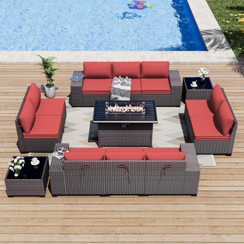 ALAULM 13 Pieces Outdoor Patio Furniture Set with Propane Fire Pit Table Outdoor Sectional Sofa Sets Patio Furniture 43" Gas Fire Pit Brown PE Rattan Patio Conversation Set w/10 Cushions (Rose Red)
