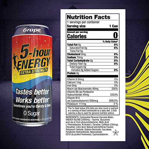 5-Hour Energy Extra Strength Energy Drink | Grape Flavor | 16 Oz. Cans | 12 Count | Sugar-Free & Zero Calories | Vitamins & Amino Acids | Contains Carbonation & 230Mg Of Caffeine #TOP5