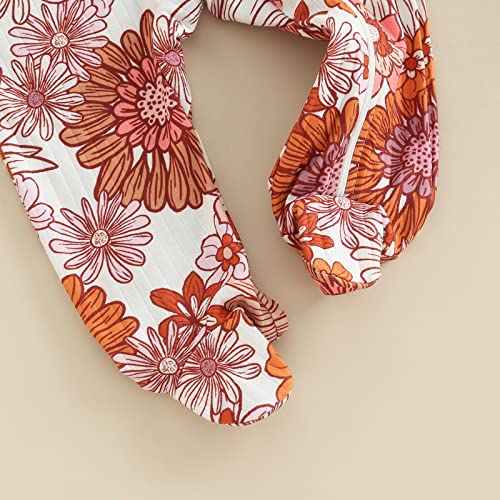 Kuriozud Newborn Baby Girl Clothes Floral Ruffle Footie Romper Long Sleeve Zipper Sleeper With Headband Outfit (Flower Footie Red, 3-6 Months) #TOP5