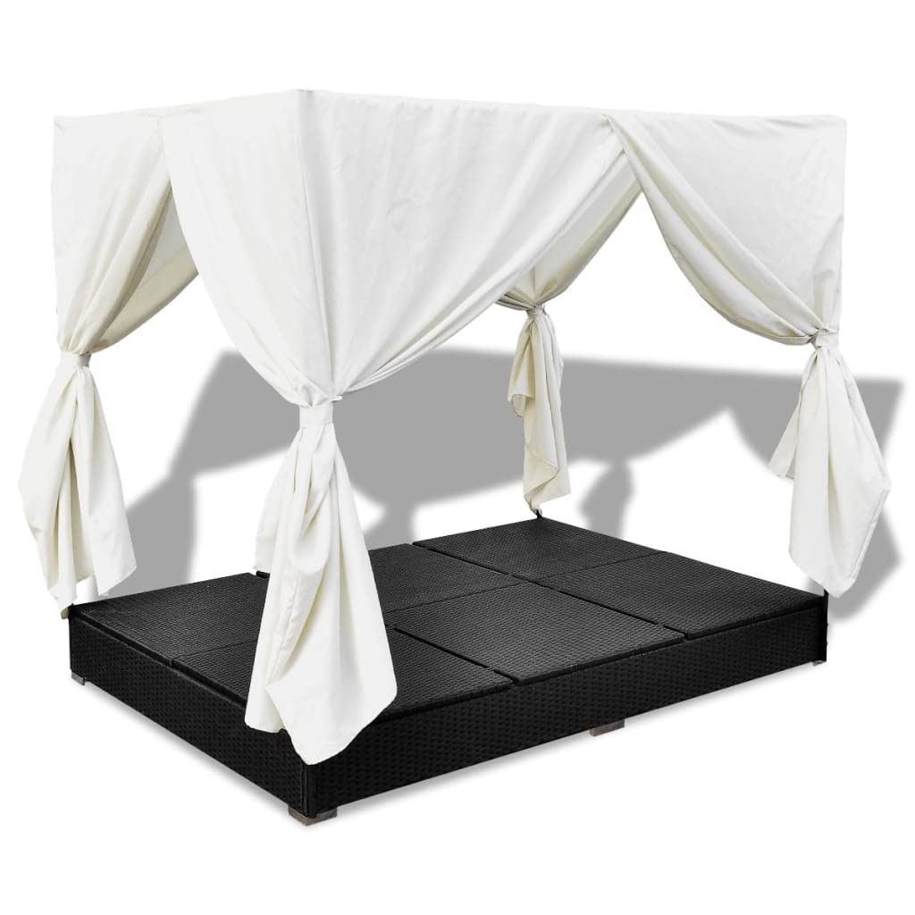 Makastle Chaise Longue D'extérieur avec Auvent et Rideaux, Lit de Repos Double avec Dossier et Repose-Pieds Réglables pour Balcon, 197x140x180 cm Noir Résine Tressée
