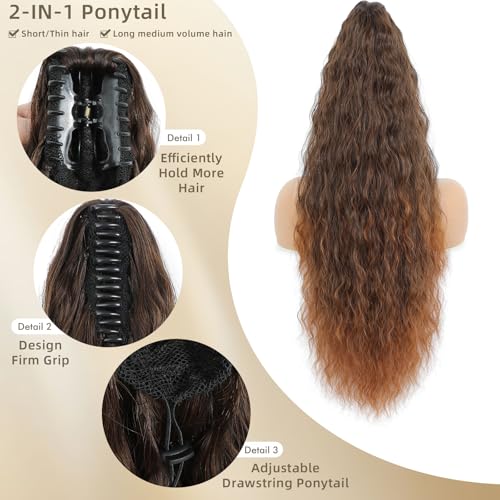 Image of Claw Clip Ponytail Extension 26In Wavy Curly Hair,Ombre Medium Dark Brown