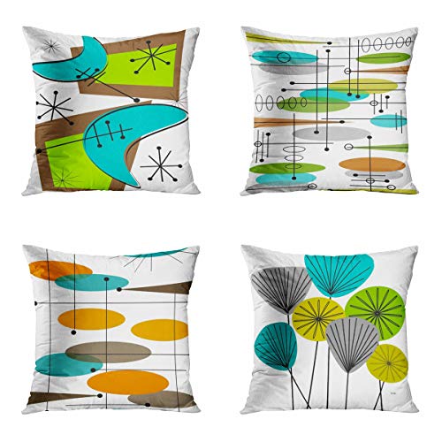 Awowee Set of 4 Throw Pillow Cover 50x50cm/20x20inches Atomic Era Inspired Boomerang Design Abstract Ovals Home Decor Pillowcase Square Cushion Cover For Sofa Bed Couch