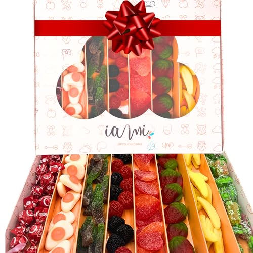 Caja Chuches Regalo - Más de 120 Chuches y Golosinas para Regalar - Moras, Cola, Jelly, Fresas, Plátanos, Corazones, Huevos y Pikotas- Perfecto como Regalo de Cumpleaños, Navidad, Empresa, Amigos