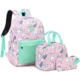 Mimfutu Unicorn School Backpack for Teen Girls, 3-in-1 Kids Backpack Bookbag Set School Bags with Lunch Box Pencil Case