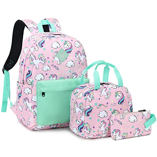 Mimfutu School Backpack for Teen Girls, 3-in-1 Kids Backpack Bookbag Set School Bags with Lunch Box Pencil Case, Unicorn, L, Schoolbag Set