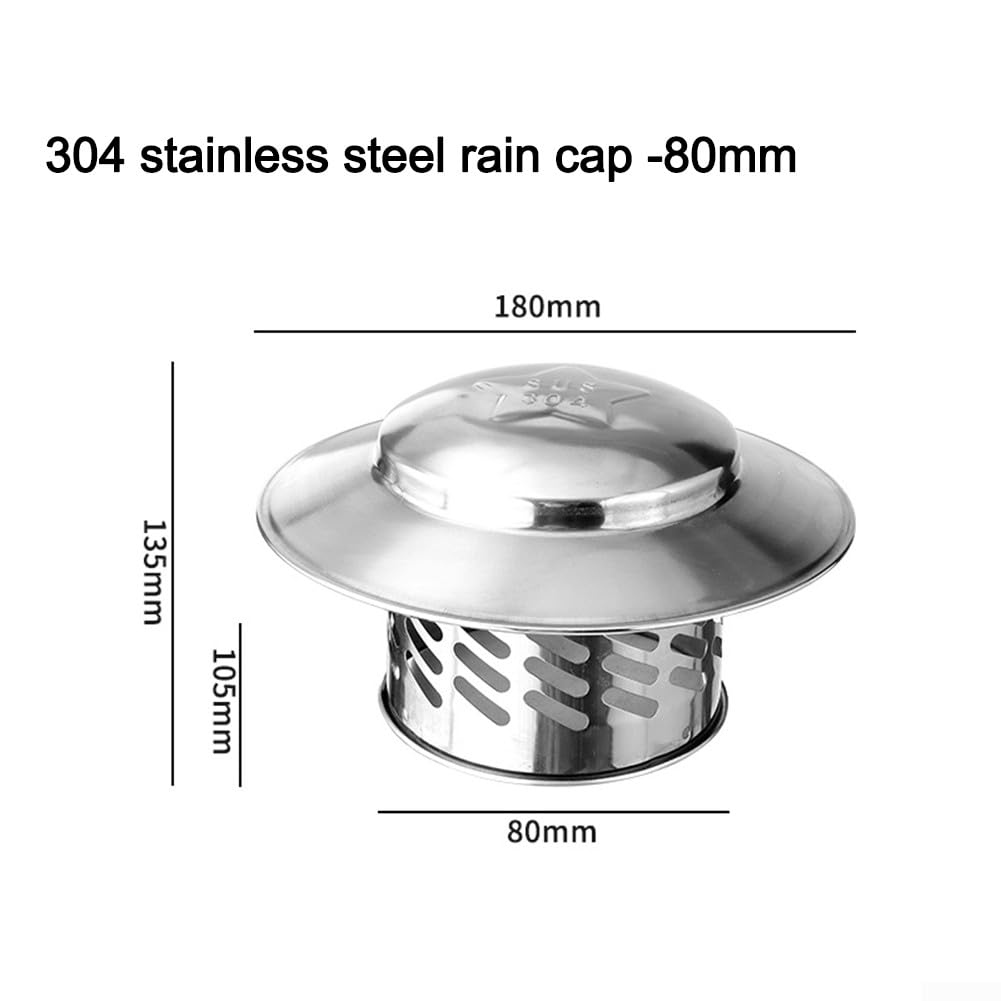 Tapa de chimenea de acero inoxidable, cubierta de lluvia, tubo de ventilación, extremo de tubo de escape, sombrero de nieve para lluvia, protector de malla, plateado (80 mm)