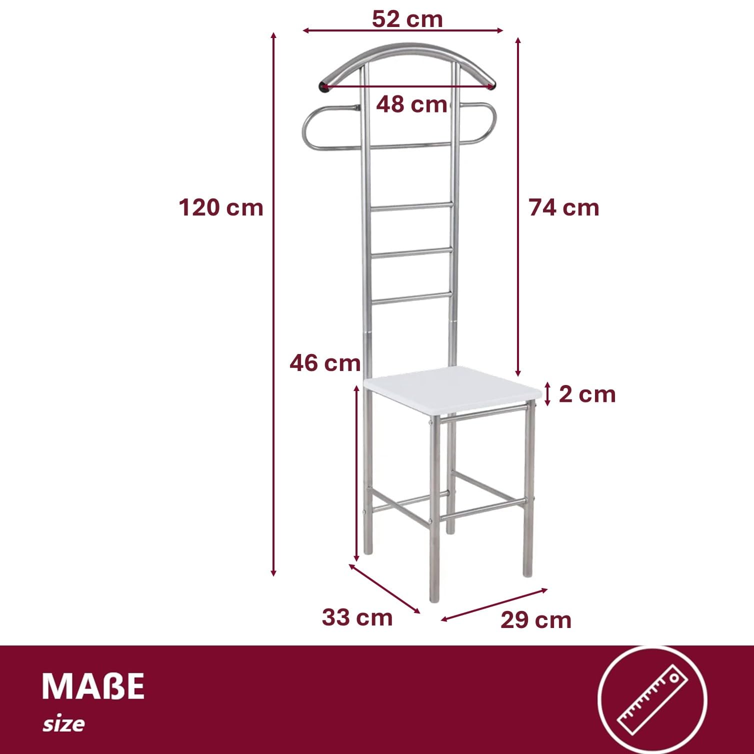 Herrendiener Metall Silber-Weiß [KNITTERFREIE ANZUG AUFBEWAHRUNG] inkl. Sitzfläche (33x29cm) & bis 100kg belastbar – moderner stummer Diener, Anzugständer & Kleiderbutler – platzsparend 120x52x40