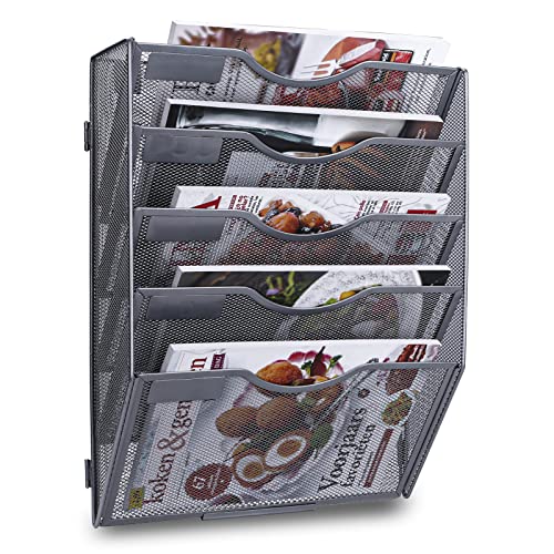 TQVAI 5 Ripiani Organizer Documenti Parete, Portariviste da Parete Metallo Scaffale per Documenti A4 Organizzatore Scrivania Ufficio Casa, Argento
