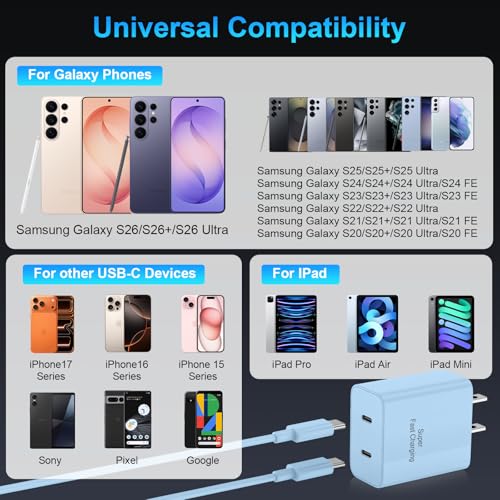 Image of iPhone 17 16 15 Charger Fast Charging, 45W Dual USB C Phone Charger Block with 10FT Long Type C Cable Cord for Apple iPhone 17 /Pro /Pro Max /17 Air /16 Pro /16 Pro Max /15 Plus /15 Pro /iPad /S26 Ultra(Blue)