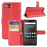 HualuBro BlackBerry KEY2 Hülle, Premium PU Leder Leather Wallet HandyHülle Tasche Schutzhülle Flip Hülle Cover mit Karten Slot für BlackBerry Key 2 Smartphone (Rot)