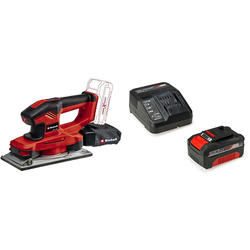 Einhell Ponceuse vibrante sans fil TE-OS 18/230 Li-Solo (fixation auto-agrippante, semelle en aluminium, sac à poussières, avec 3 feuilles de papier abrasif) avec Chargeur et Batterie 4,0Ah