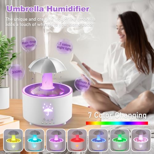 Umidificador para quarto, difusor de guarda-chuva giratório de 7 cores com efeito de chuva, umidific